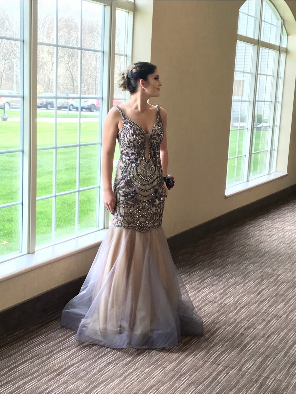Beaded Mermaid Evening Dress in Champagne Gray